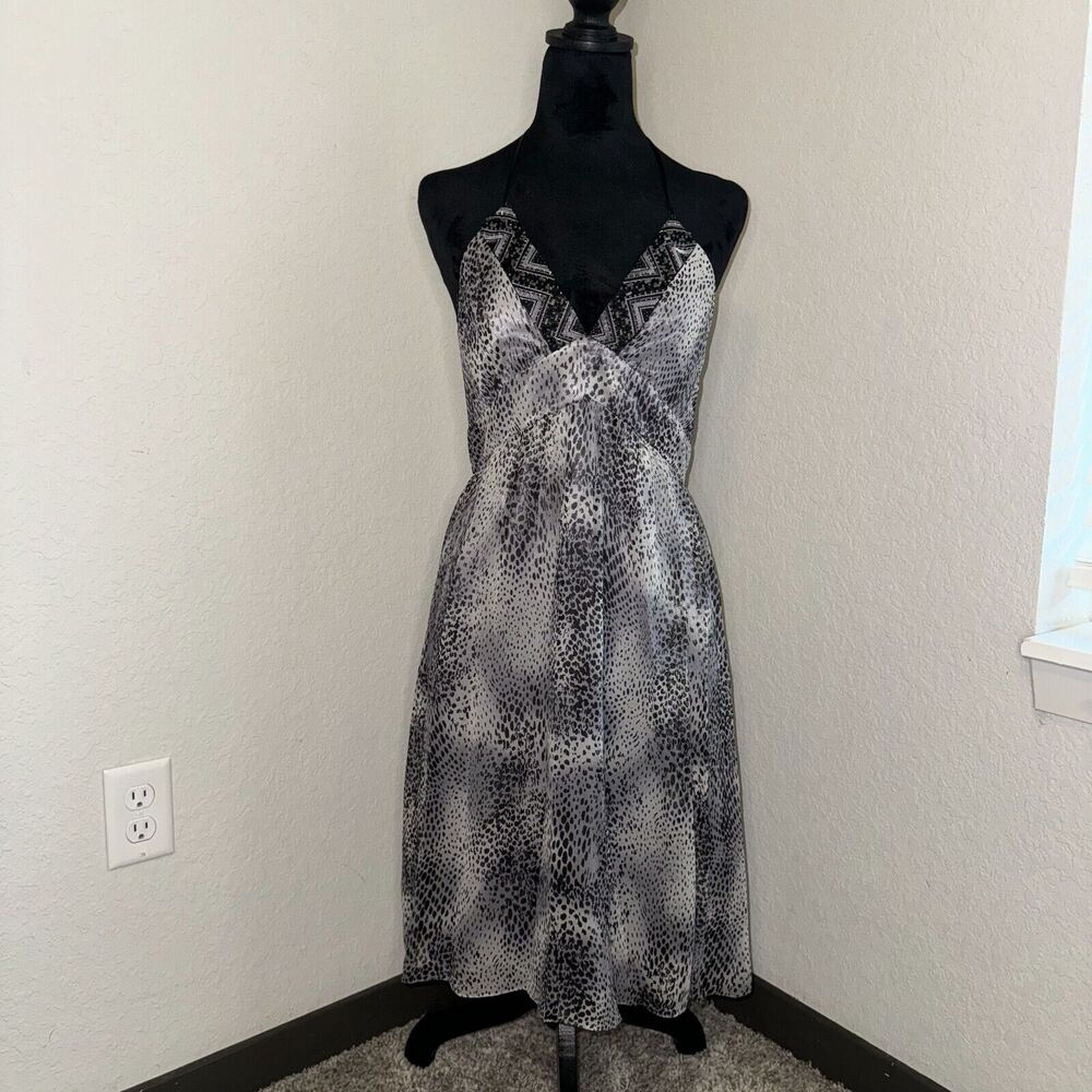 Eliza J Y2K Dress Women's 8 Black Gray Polka Dot 100% Silk Halter Neck Sundress
